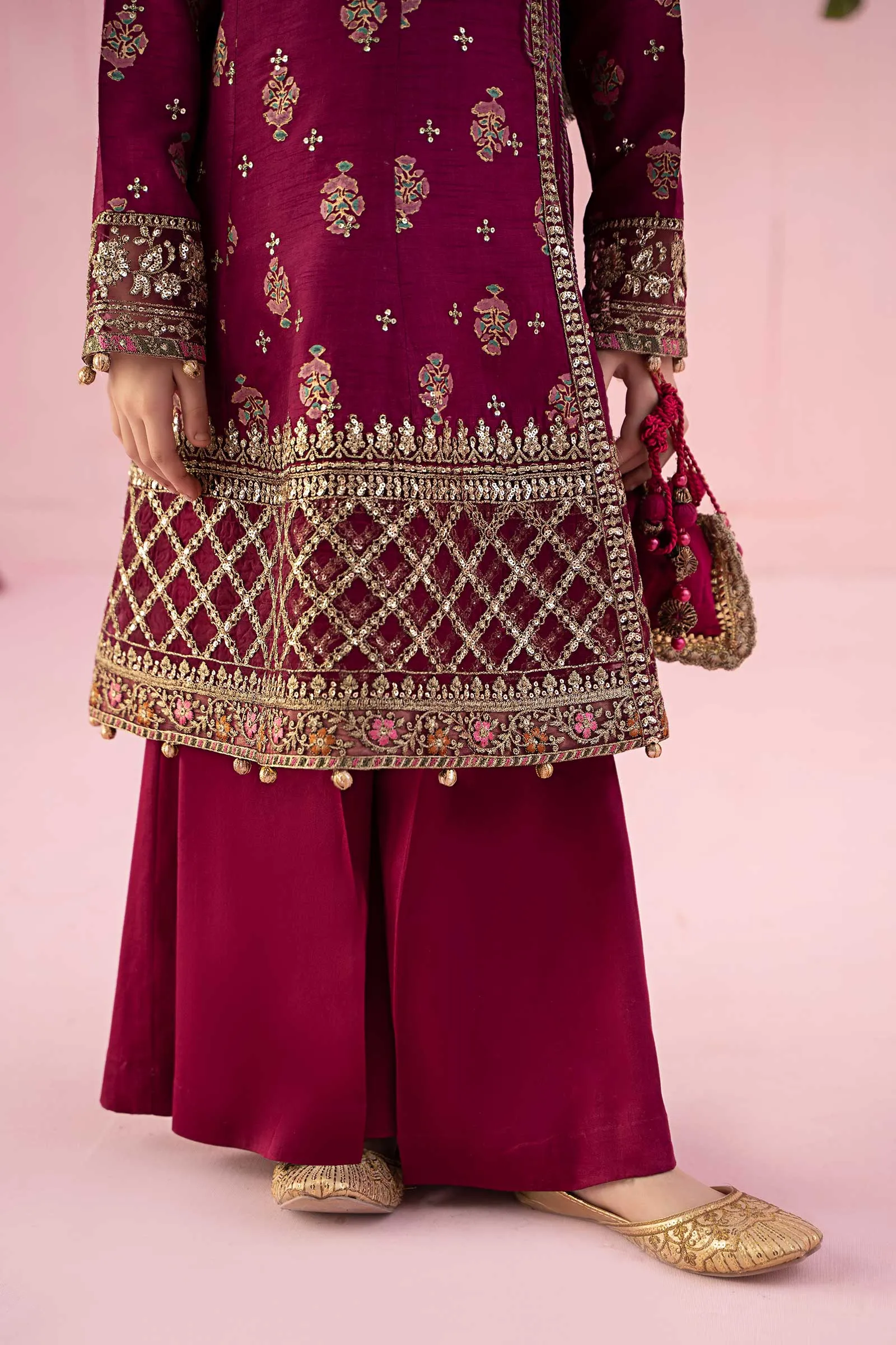 3 Piece Embroidered Raw Silk Suit | MKS-EF24-43