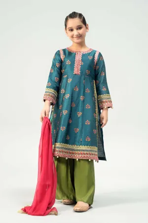 3 Piece Embroidered Raw Silk Suit | MKS-W24-33