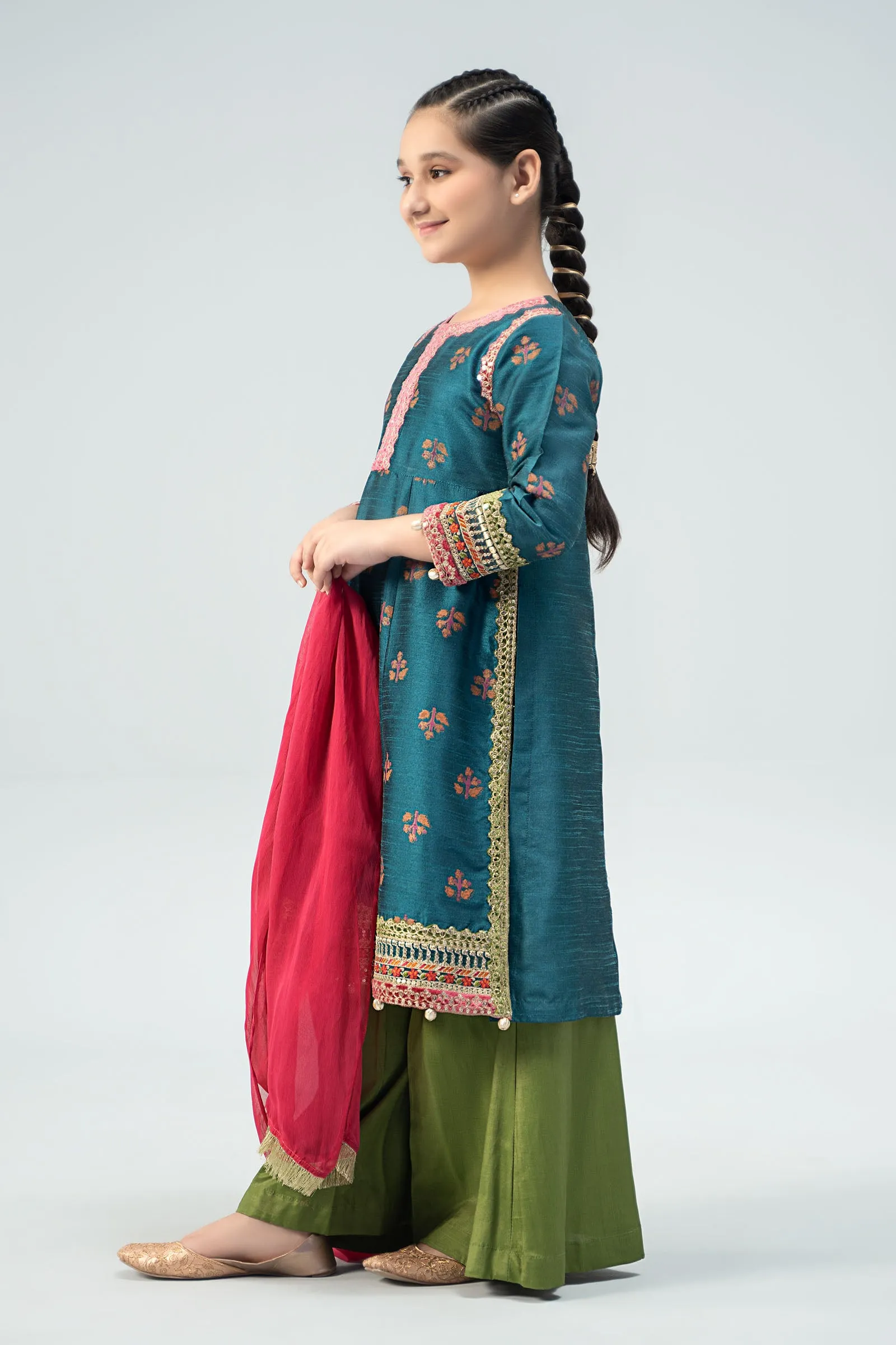 3 Piece Embroidered Raw Silk Suit | MKS-W24-33