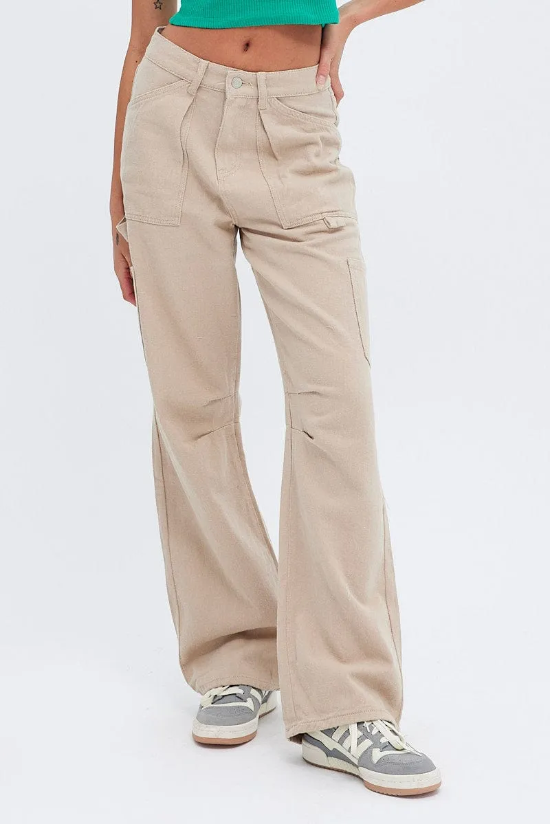 Beige Cargo Jeans Mid Rise