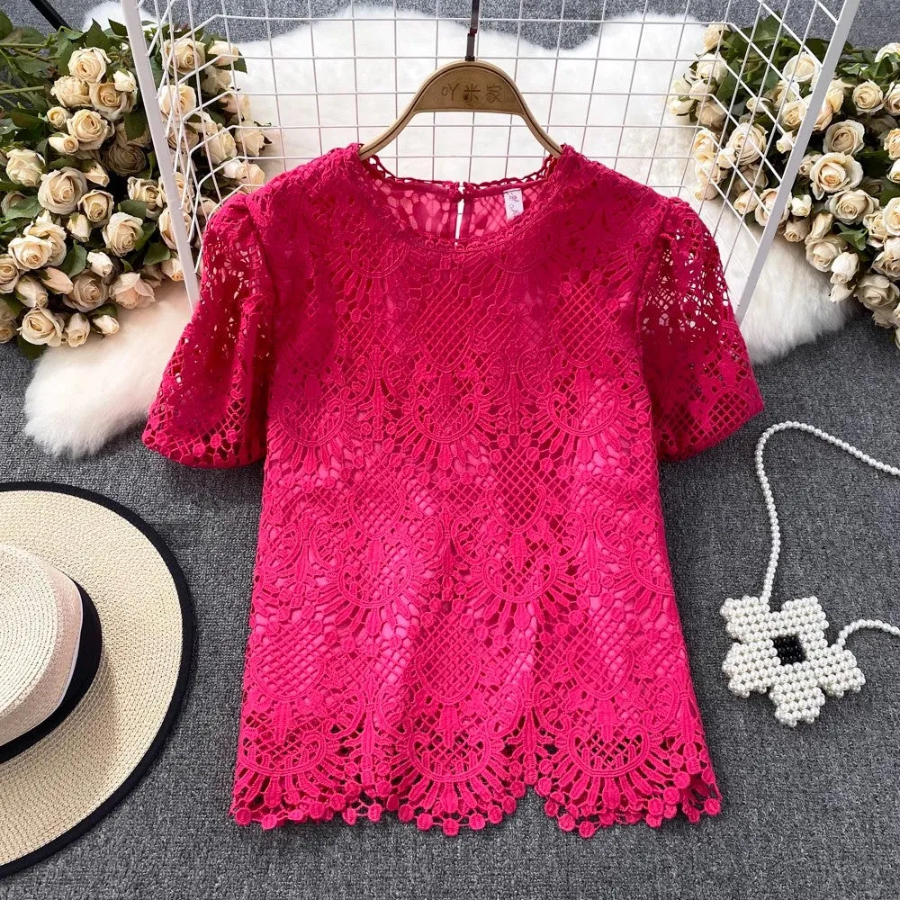 Bubble Short-Sleeved Round Neck Women’s Lace Top       S3991