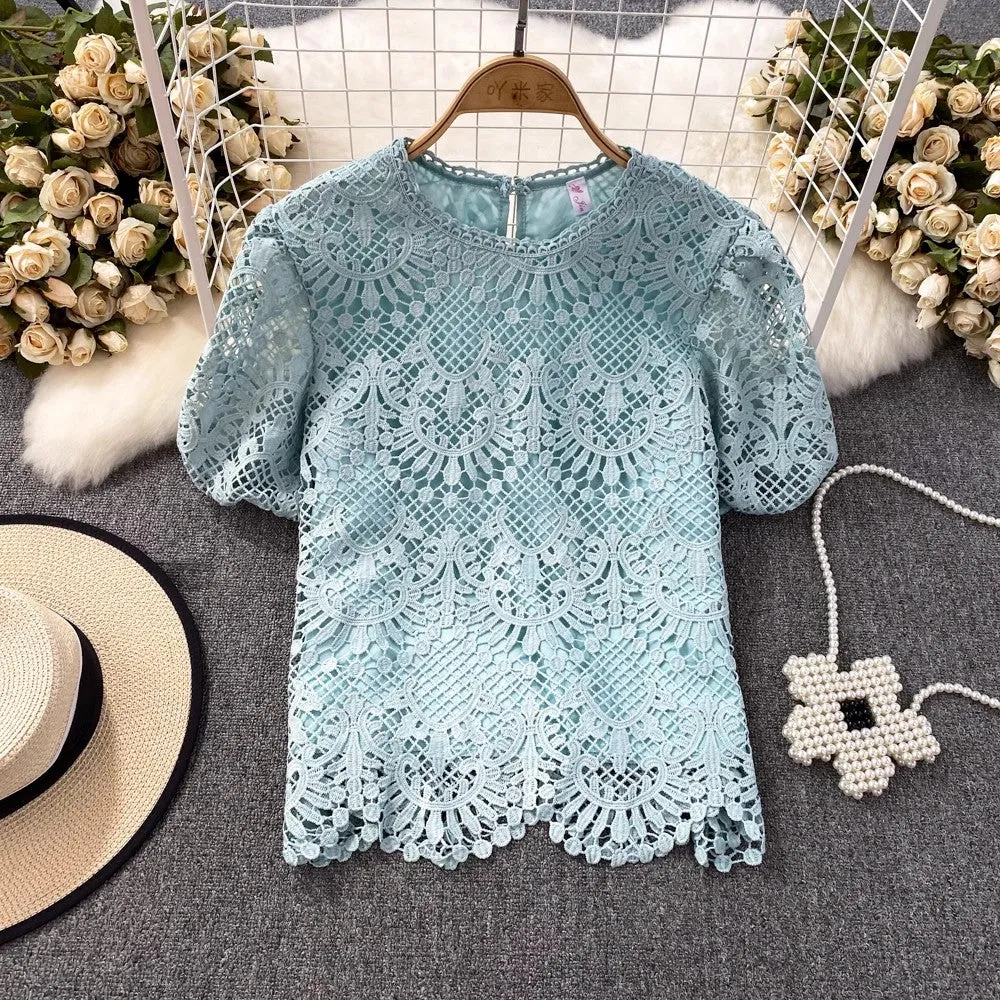 Bubble Short-Sleeved Round Neck Women’s Lace Top       S3991