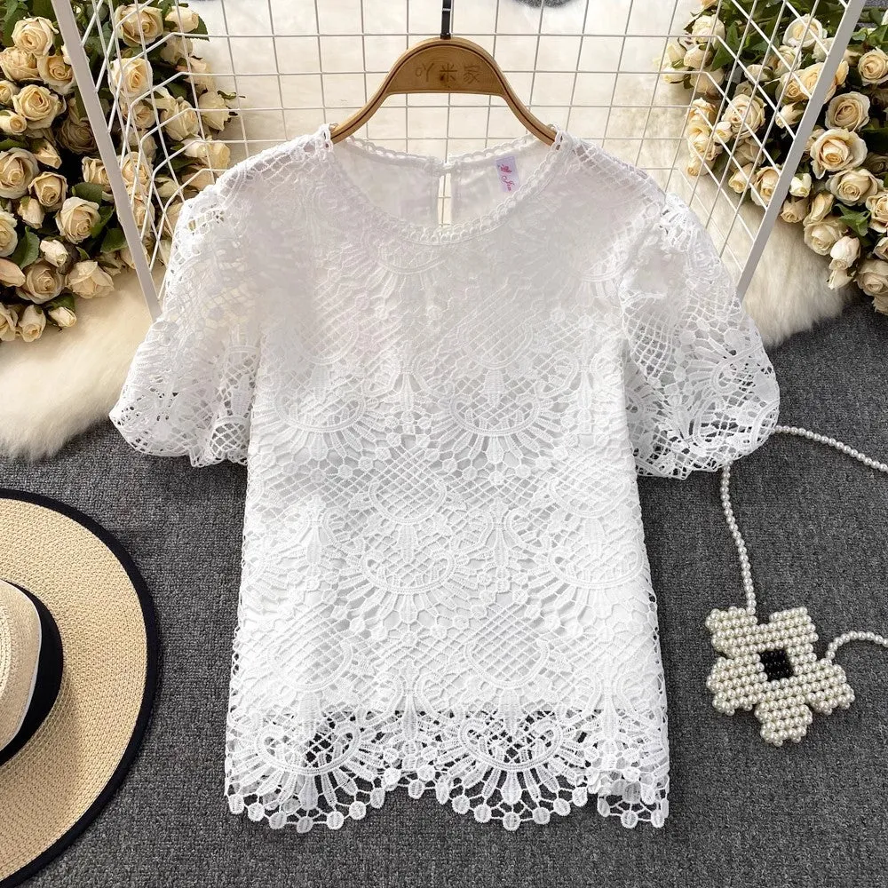 Bubble Short-Sleeved Round Neck Women’s Lace Top       S3991