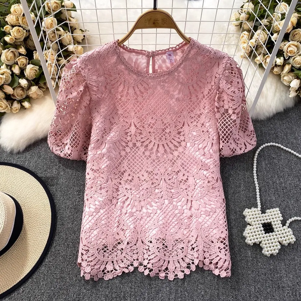 Bubble Short-Sleeved Round Neck Women’s Lace Top       S3991