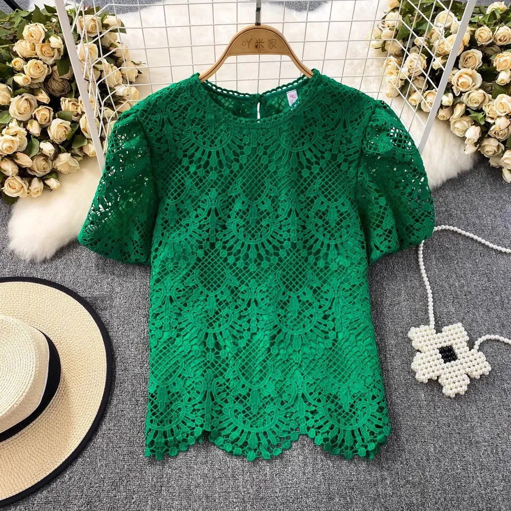 Bubble Short-Sleeved Round Neck Women’s Lace Top       S3991