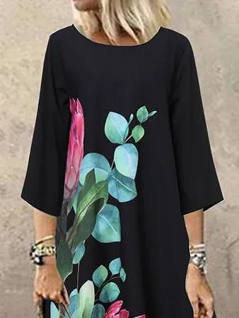 Casual Print Crew Neck Mid Sleeve Dress