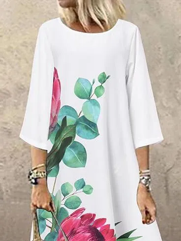 Casual Print Crew Neck Mid Sleeve Dress