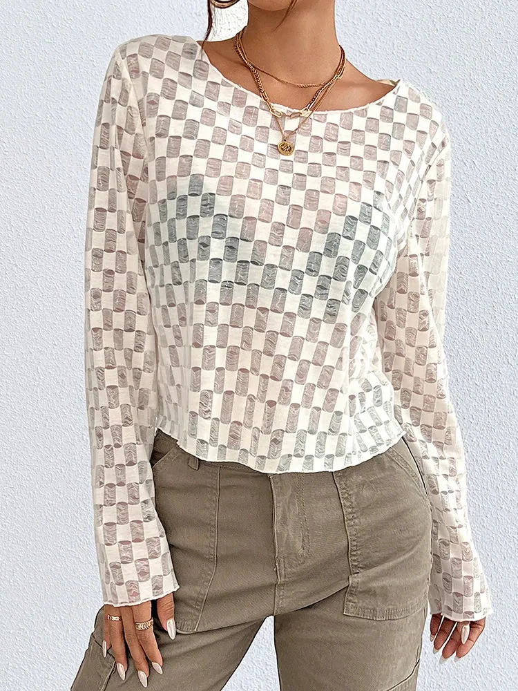 Casual Semi-transparent Checkerboard Hollowed Out Long Sleeve Fashion T-shirt