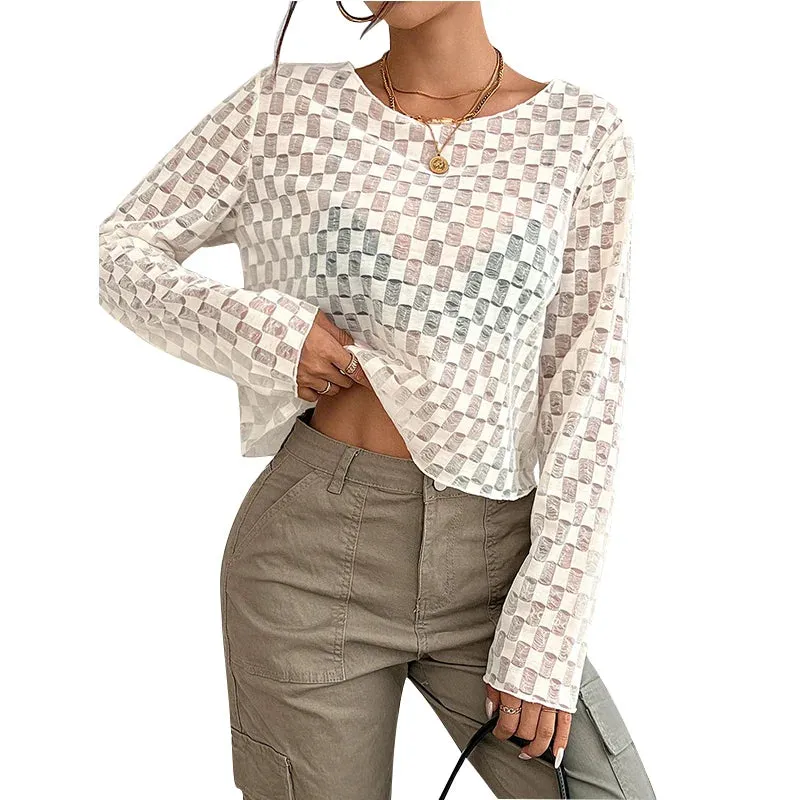 Casual Semi-transparent Checkerboard Hollowed Out Long Sleeve Fashion T-shirt