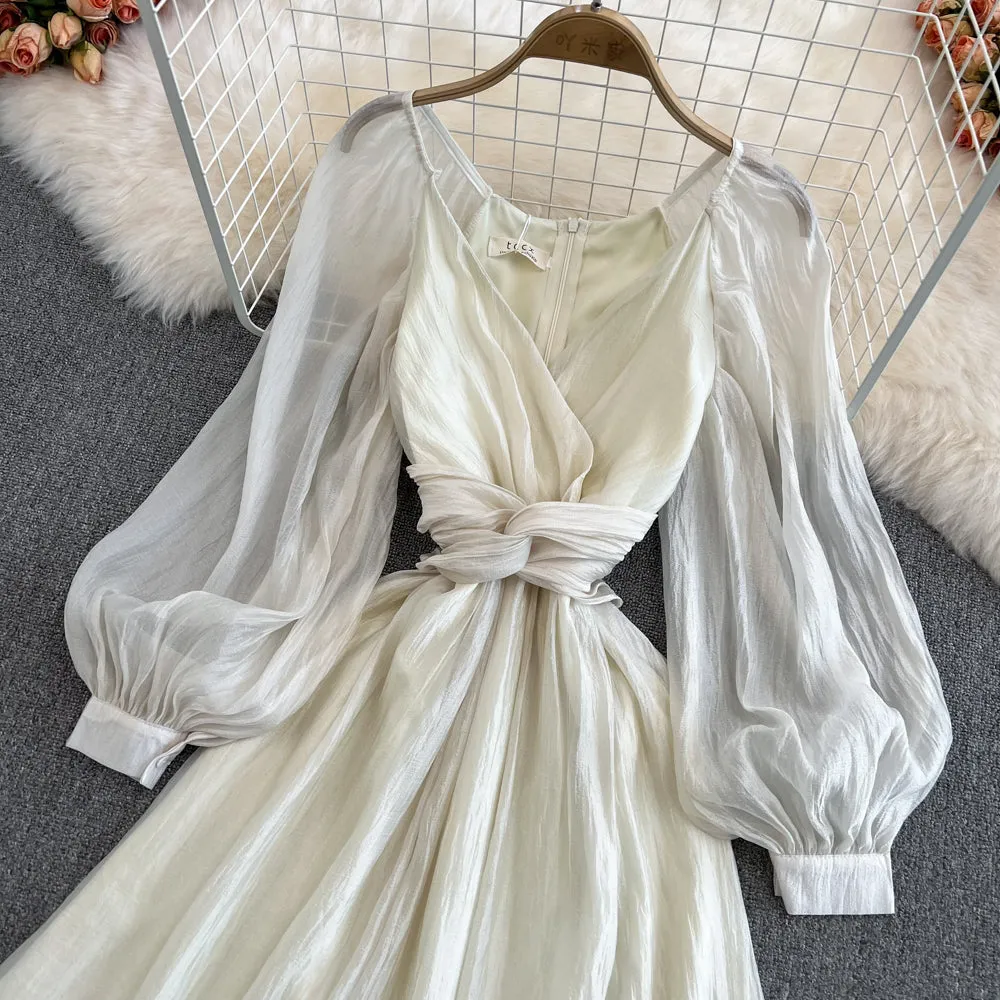 Champagne v neck long sleeve dress A line fashion dress     S229