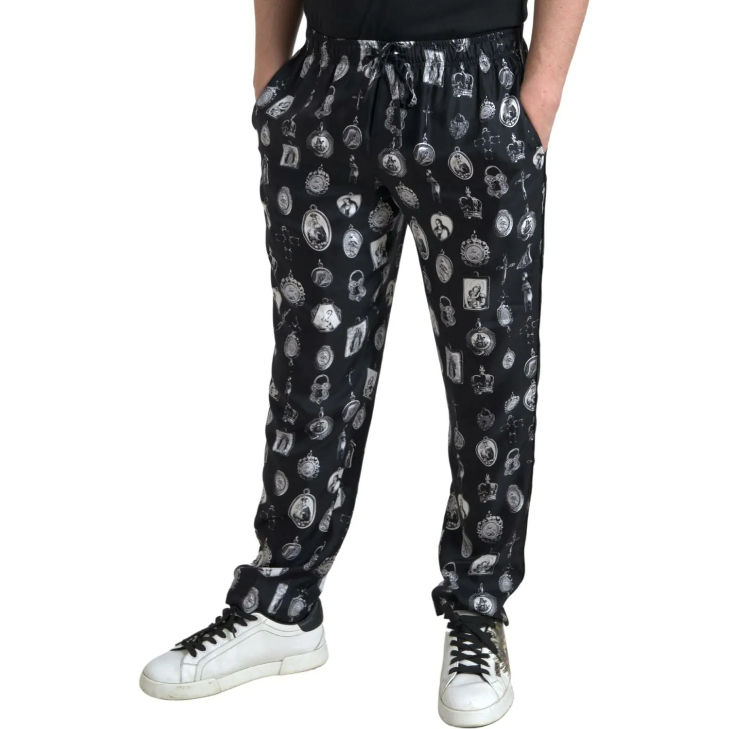 Dolce & Gabbana Elegant Silk Joggers with Religious Print