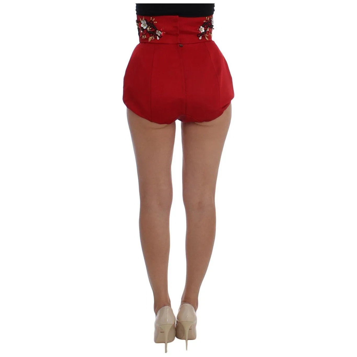 Dolce & Gabbana Red Silk Crystal-Embellished High Waist Shorts