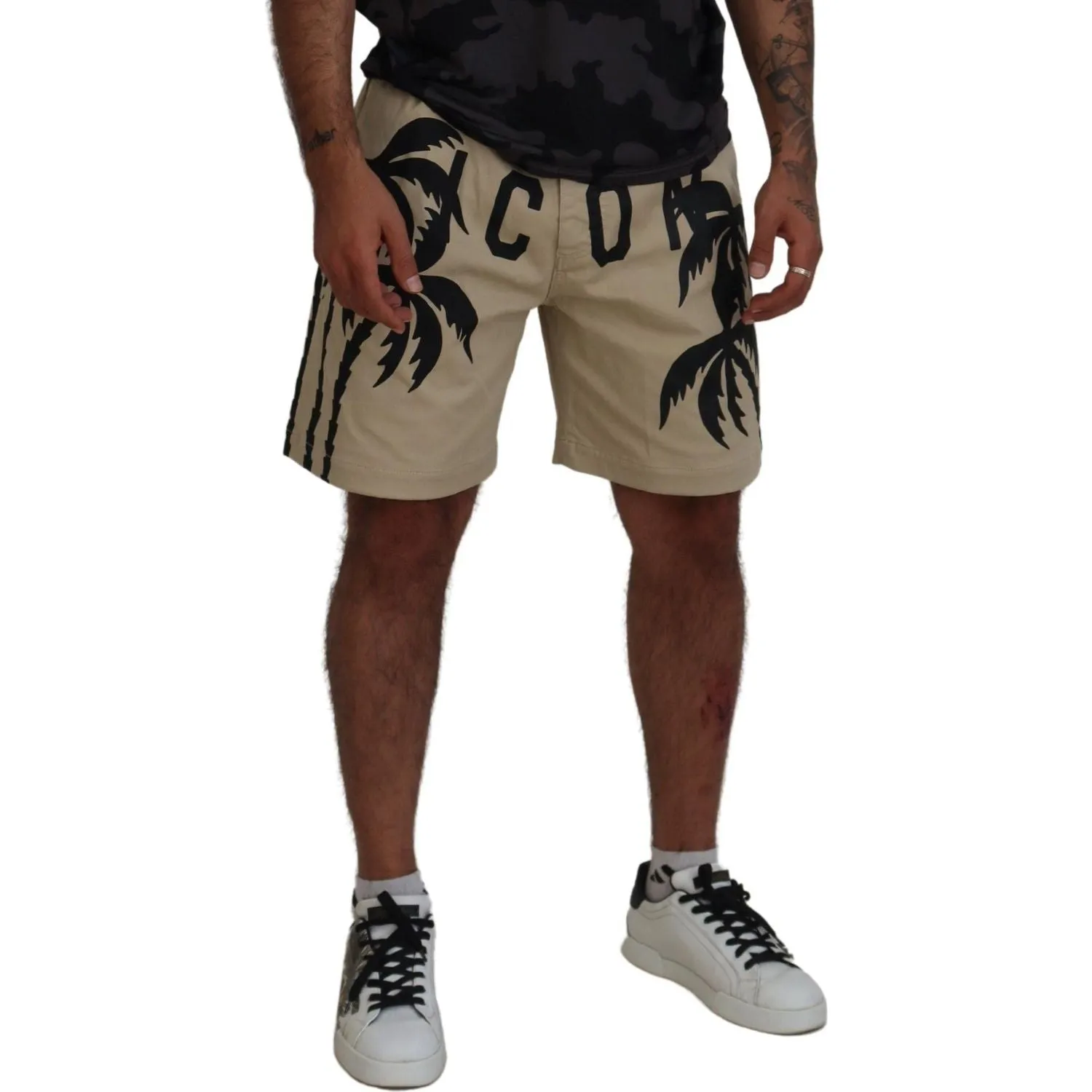 Dsquared² Beige Cotton Logo Printed Above Knee Shorts