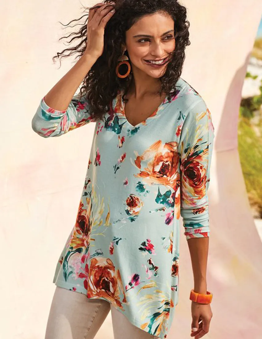 Fashion casual long-sleeved flower V-neck printed t-shirt women