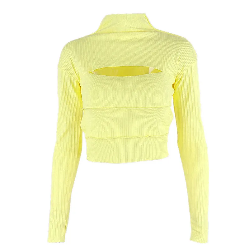 Fashion sexy front and rear hollow high neck pit strip fungus long sleeve T-shirt women