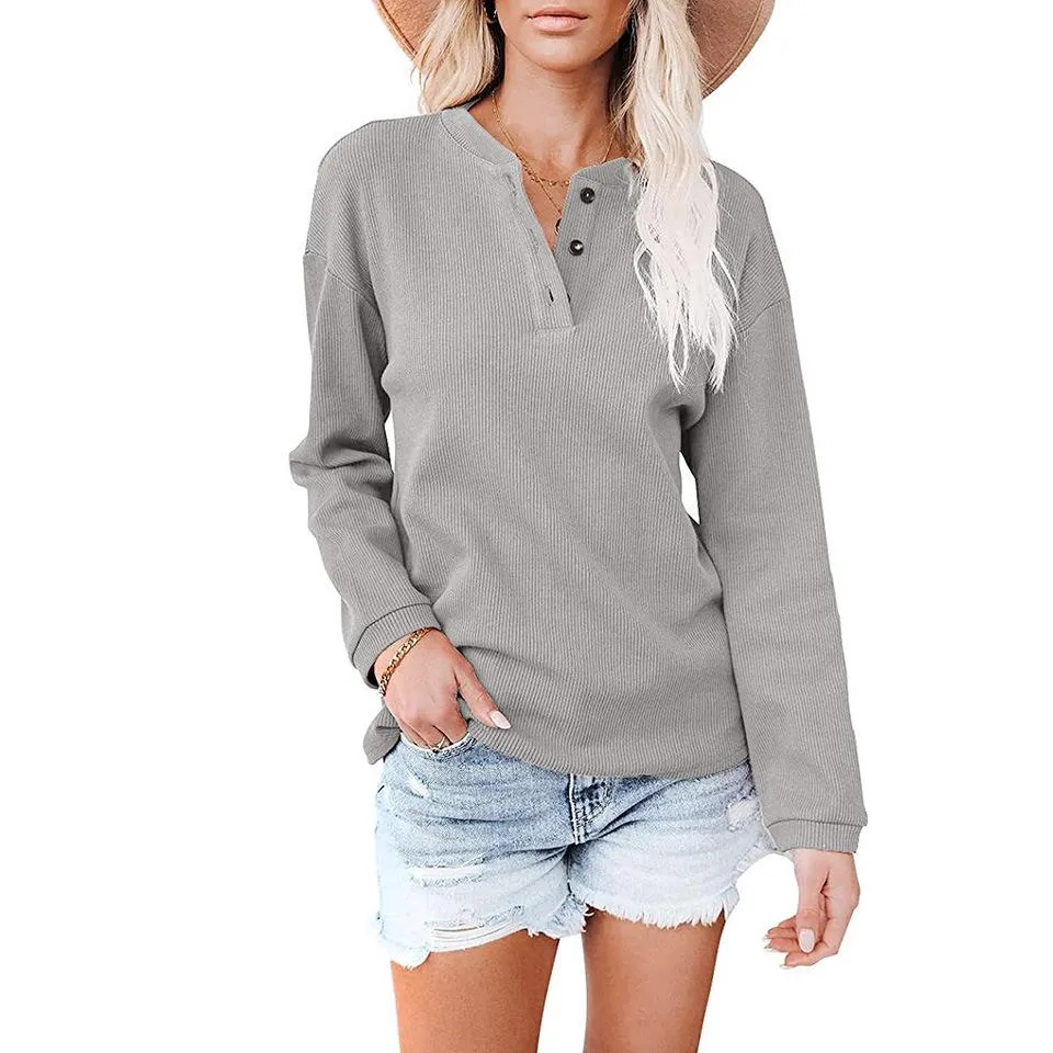 Fashion V-neck solid color long-sleeved top T-shirt women