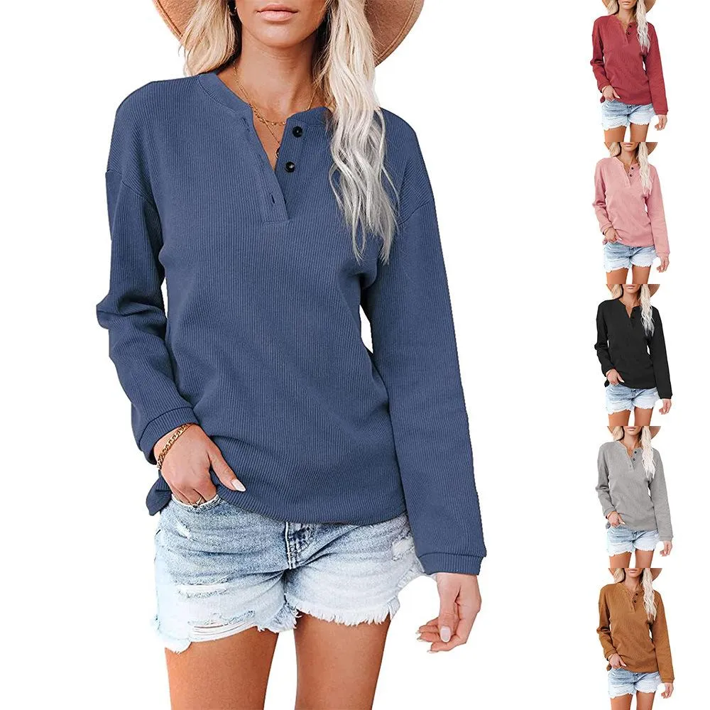 Fashion V-neck solid color long-sleeved top T-shirt women