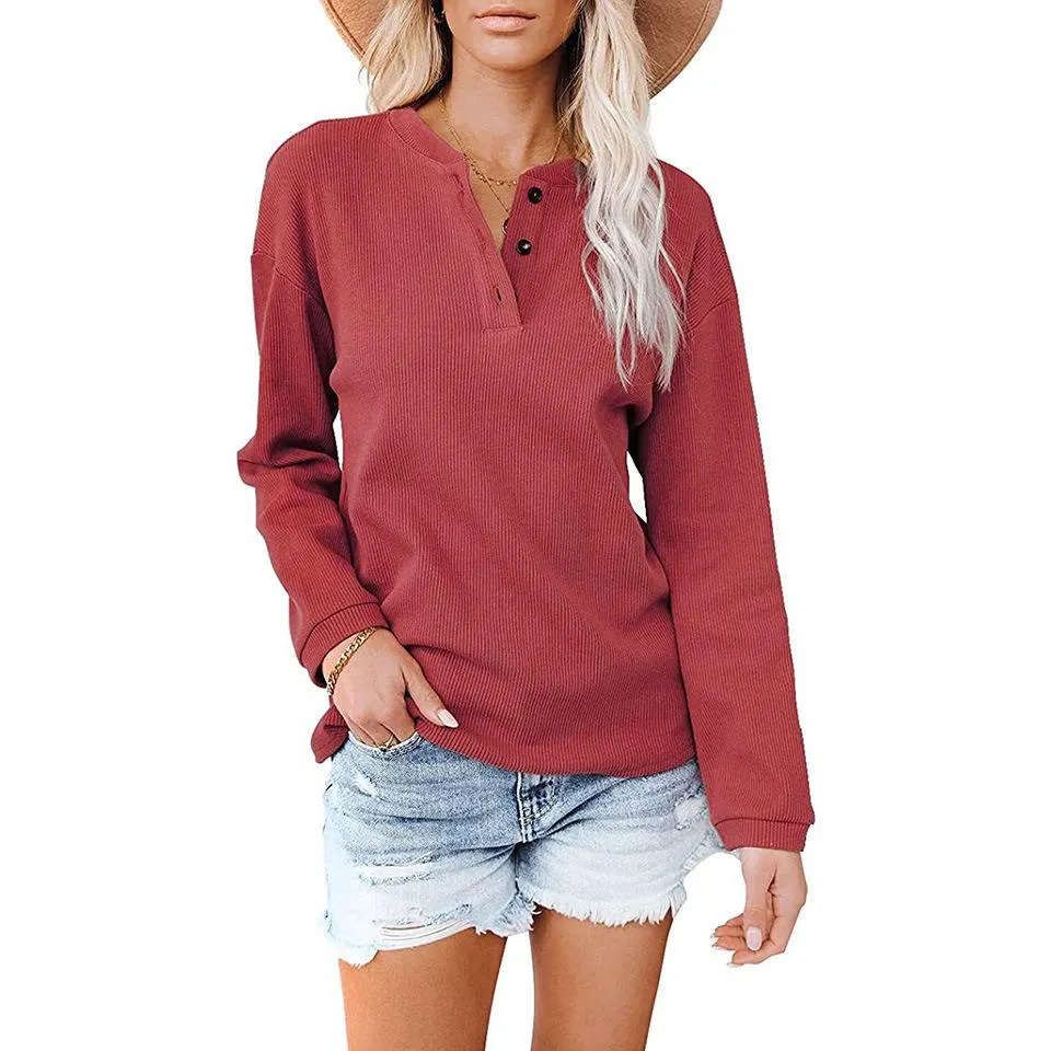 Fashion V-neck solid color long-sleeved top T-shirt women