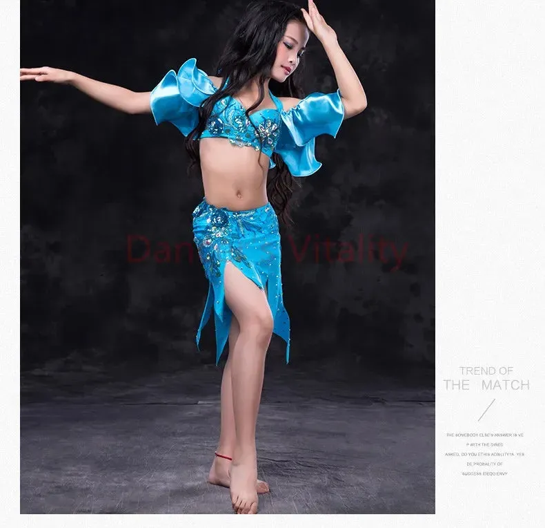 Girls belly dance clothes kids luxury belly dance suit girls top short skirt undewear long skirt 4pcs kids belly dance set S,ML