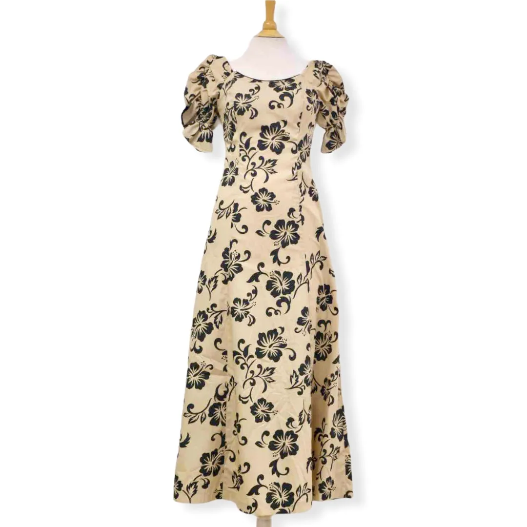 Half Sleeve Beige Hibiscus Hawaiian Dress 2866