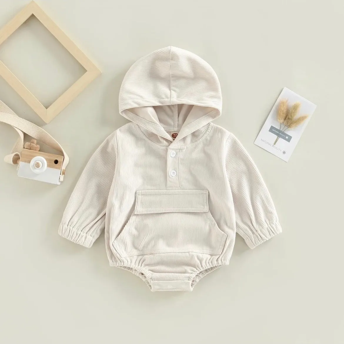 Infant  White Corduroy Hood Pocket Romper