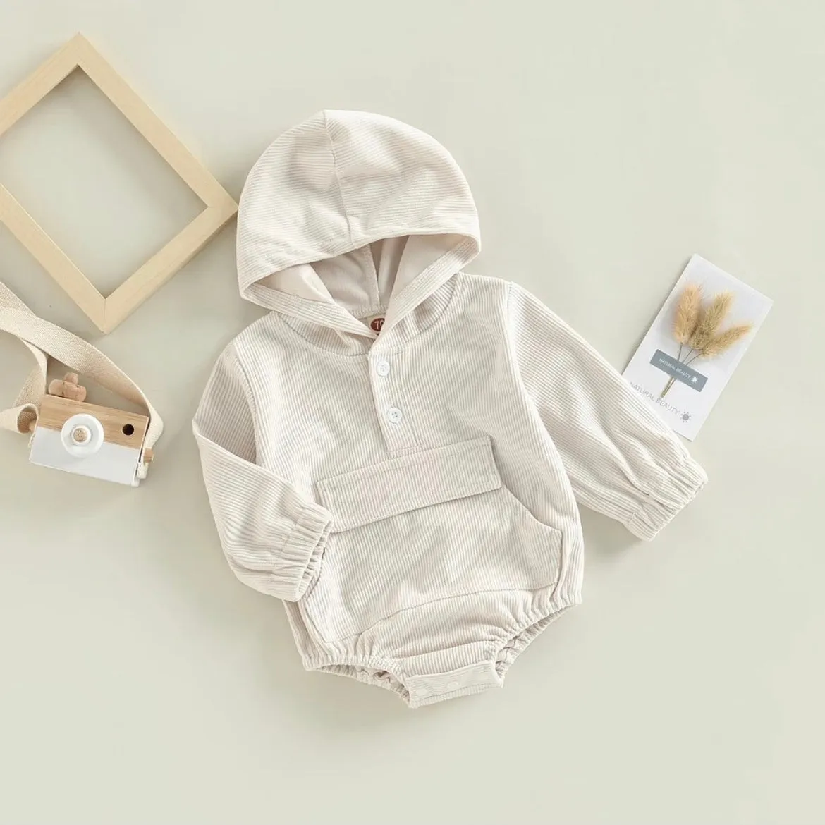 Infant  White Corduroy Hood Pocket Romper