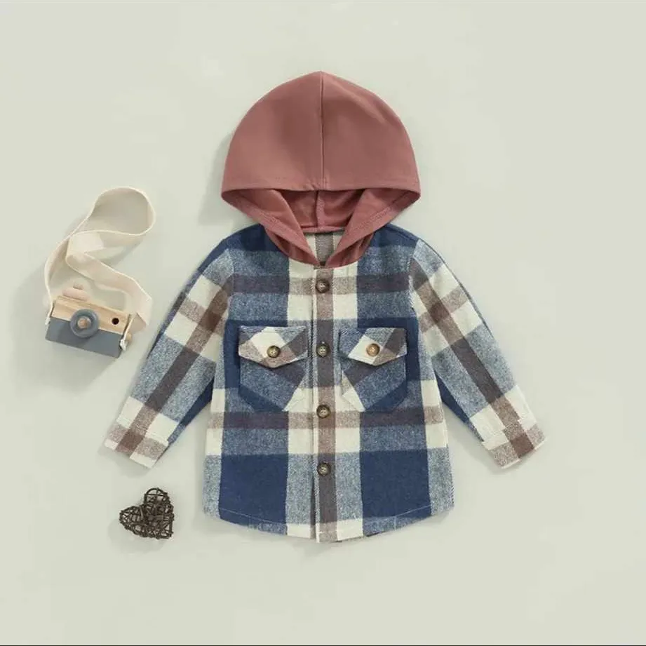 Kids Blue & Rust Plaid  Hooded Shacket/Jacket