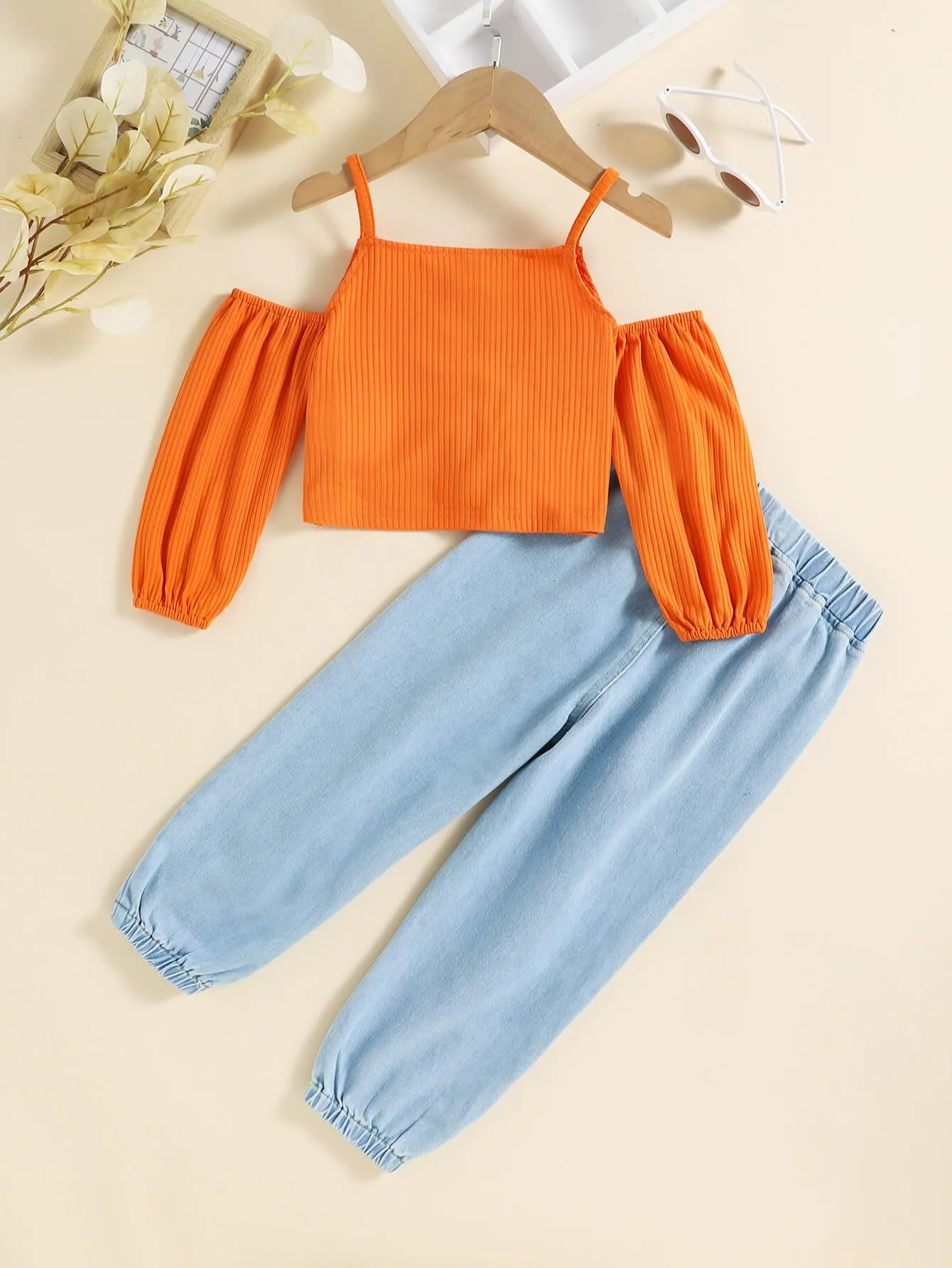 Kids Drawstring Cold-Shulder Top and Distressed Jeans Set