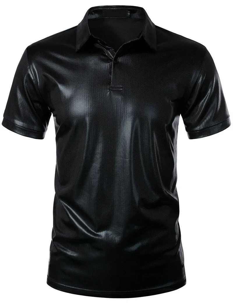 Men Turnover Collar Glossy Short Sleeves T-Shirt