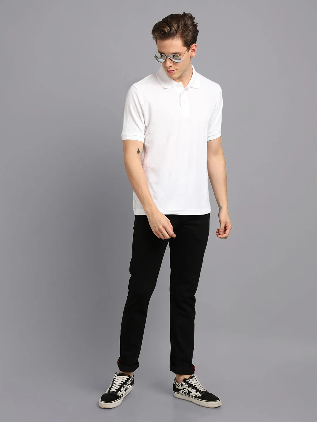 Men White Plain Solid Polo Collared Neck Organic Cotton Half Sleeve Casual T-Shirt