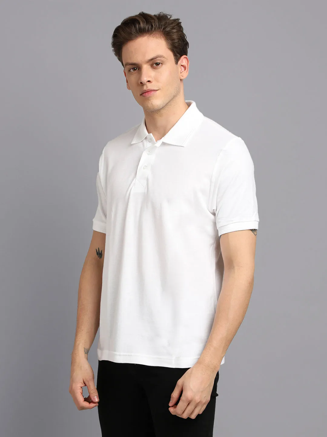 Men White Plain Solid Polo Collared Neck Organic Cotton Half Sleeve Casual T-Shirt