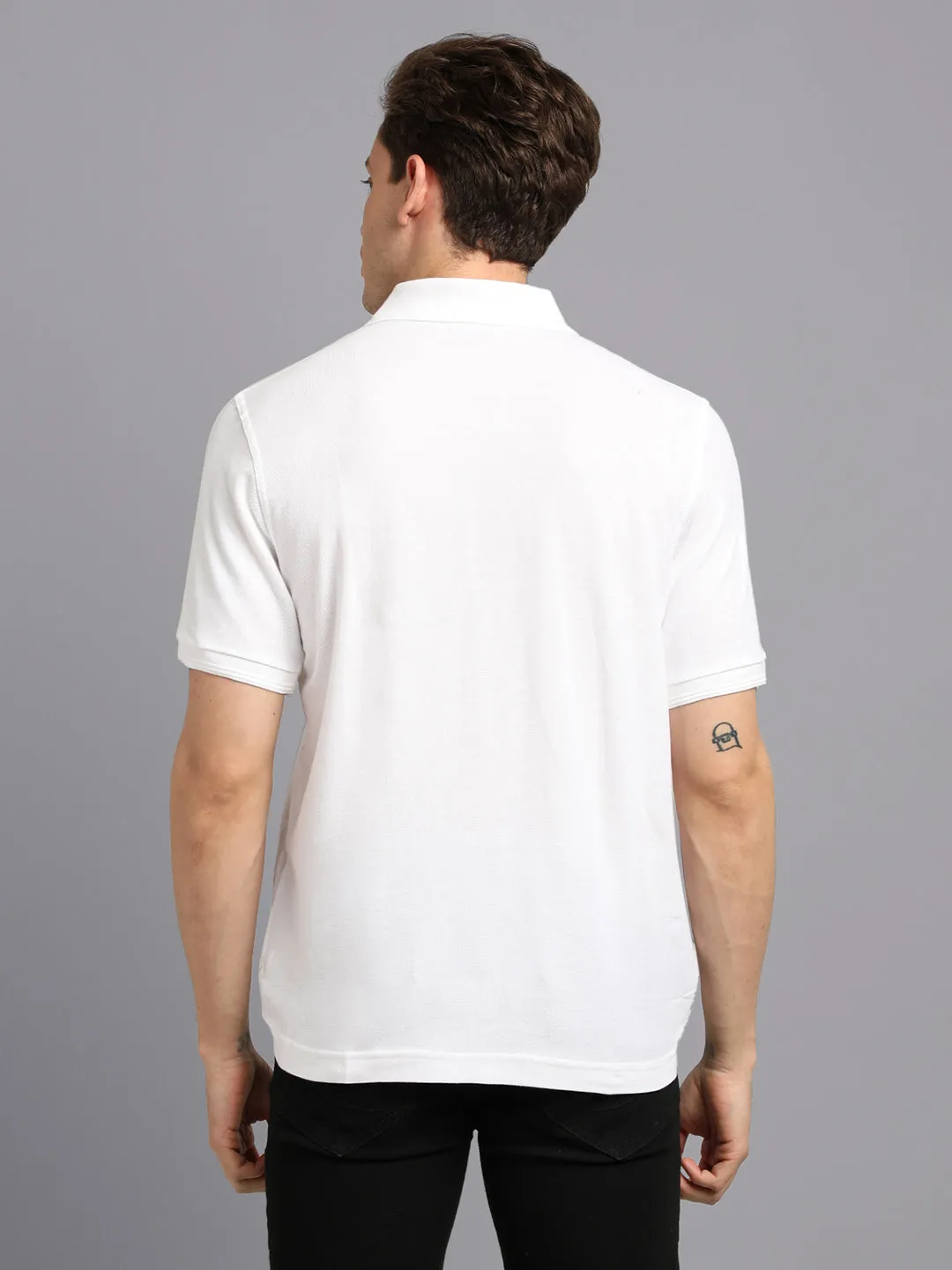 Men White Plain Solid Polo Collared Neck Organic Cotton Half Sleeve Casual T-Shirt