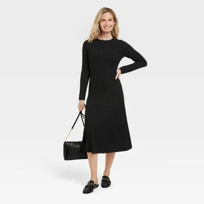 New - Women's Long Sleeve Midi Ribbed Sweater Dress - A New Day Black S