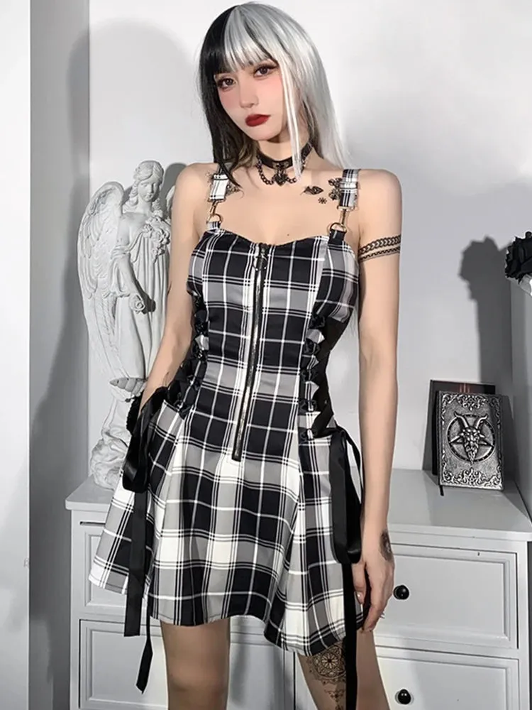 Plaid Bandage Vintage Punk Aesthetic Zipper A-Line Harajuku Fashion Sleeveless Y2K Dress