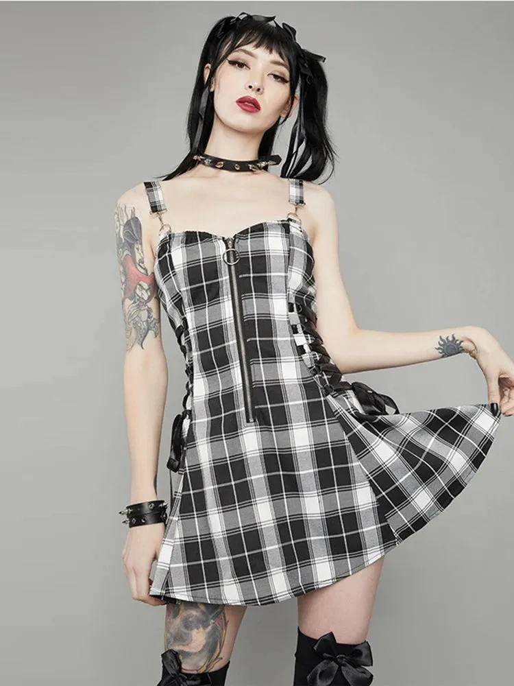 Plaid Bandage Vintage Punk Aesthetic Zipper A-Line Harajuku Fashion Sleeveless Y2K Dress