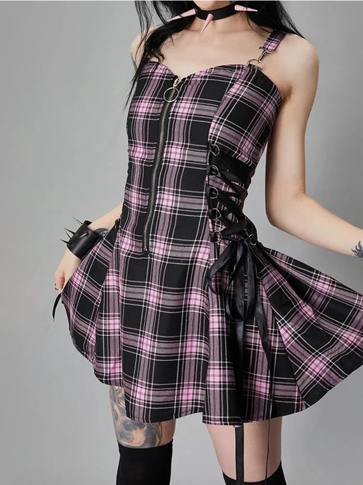 Plaid Bandage Vintage Punk Aesthetic Zipper A-Line Harajuku Fashion Sleeveless Y2K Dress