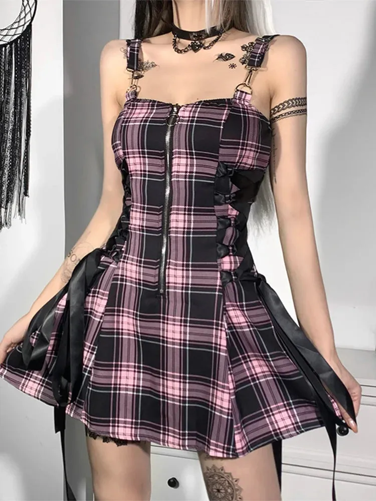 Plaid Bandage Vintage Punk Aesthetic Zipper A-Line Harajuku Fashion Sleeveless Y2K Dress