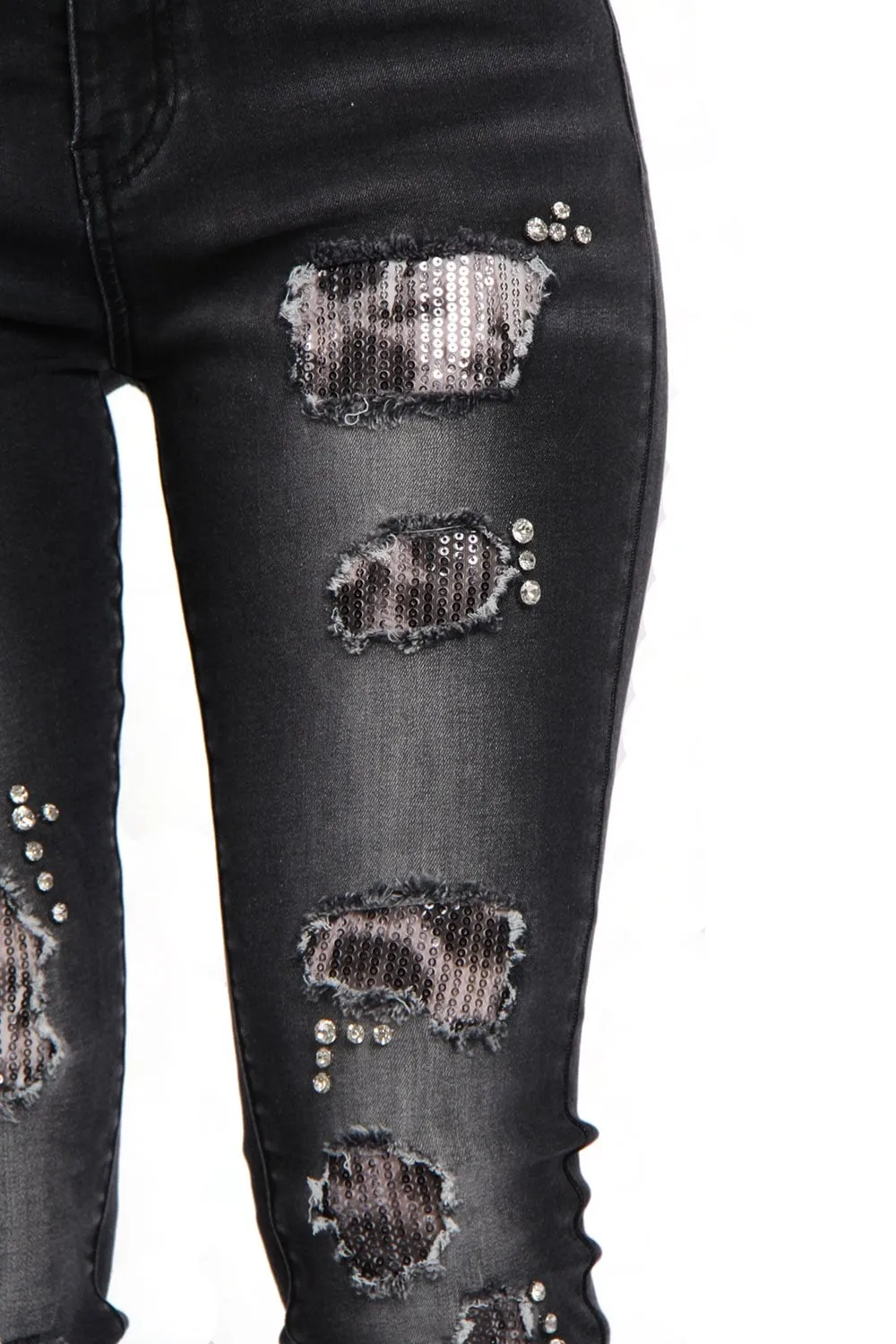 Sequin Leopard Print Ripped Knee High Waist Skinny Jeans