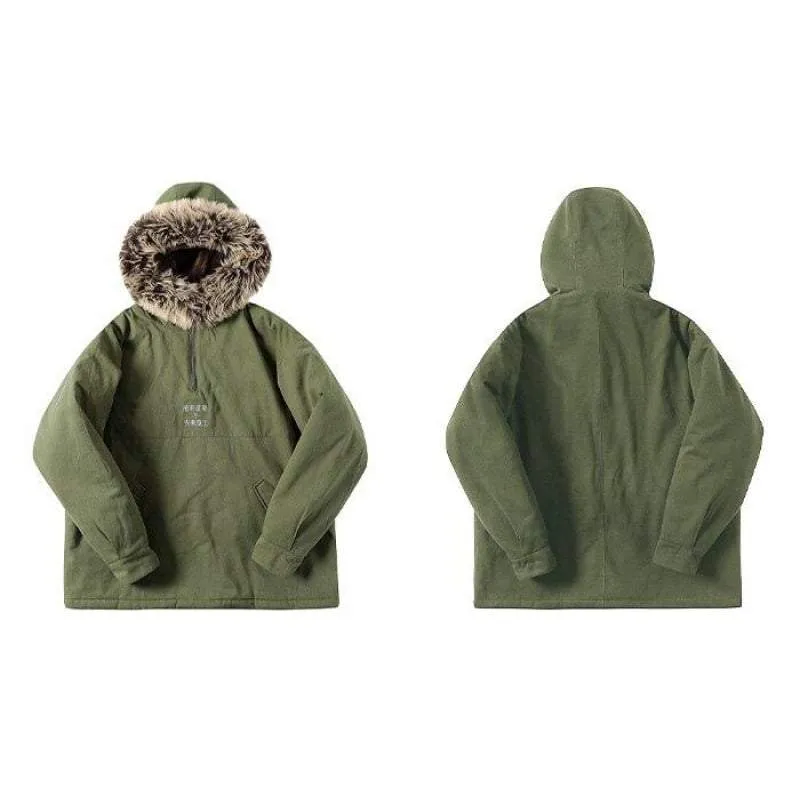 Techwear Green Cargo Jacket with Fur Hood