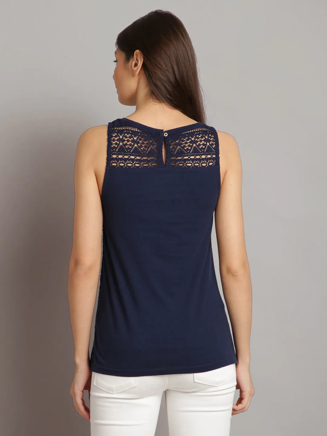 Women Blue Embroidered Sleeveless Tank Tops