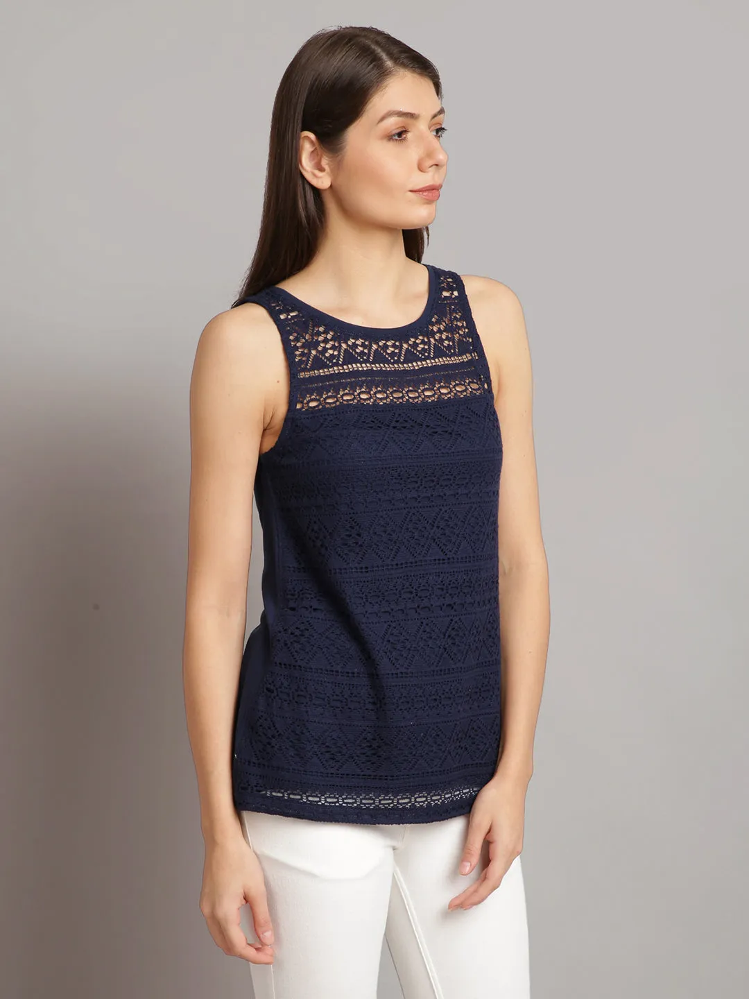 Women Blue Embroidered Sleeveless Tank Tops