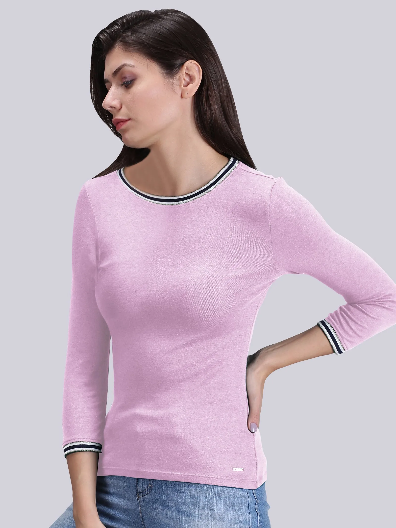 Women Pink Solid Round Neck Casual T-Shirt