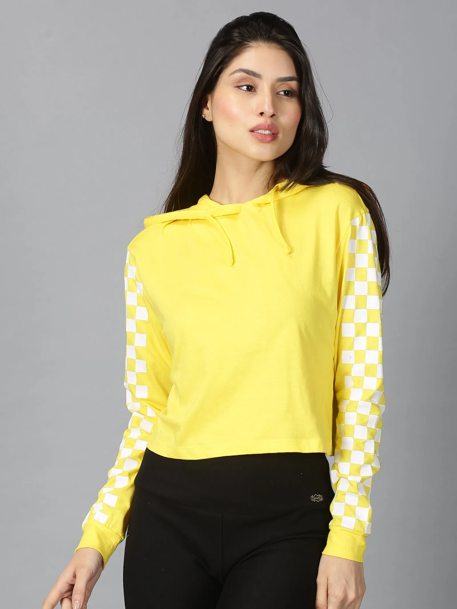 Women Yellow & White Checked Hooded Neck Cropped T-Shirt