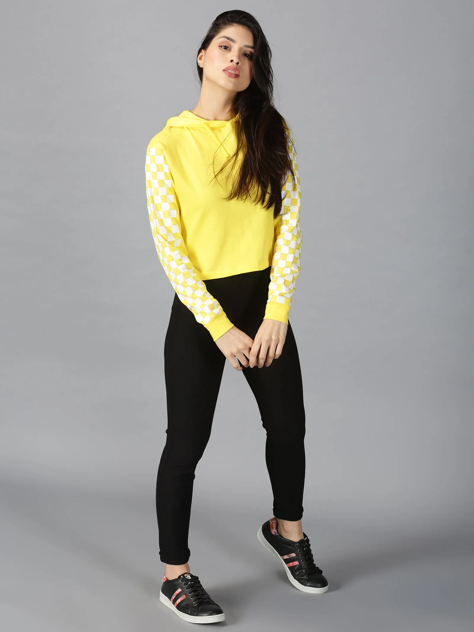 Women Yellow & White Checked Hooded Neck Cropped T-Shirt