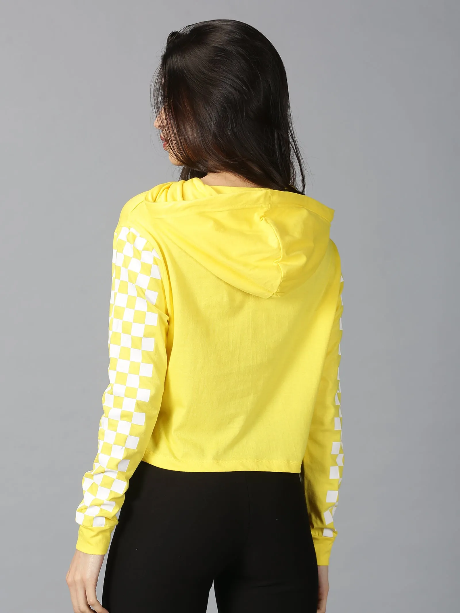 Women Yellow & White Checked Hooded Neck Cropped T-Shirt