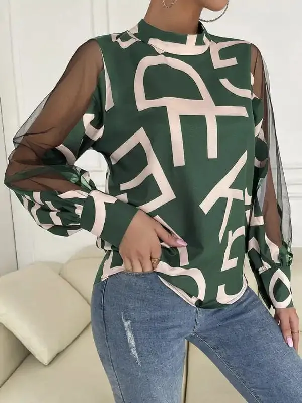 Women’s geometric print stitching mesh round neck long-sleeved top