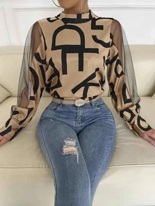 Women’s geometric print stitching mesh round neck long-sleeved top