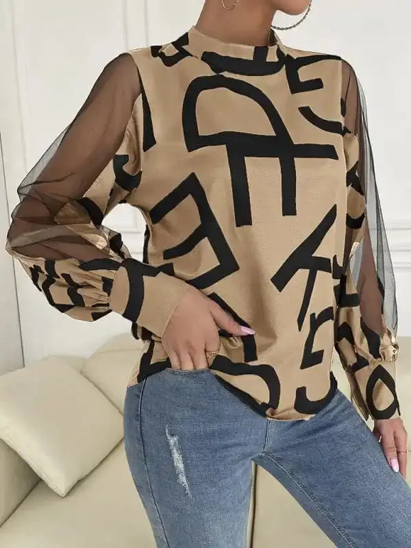 Women’s geometric print stitching mesh round neck long-sleeved top