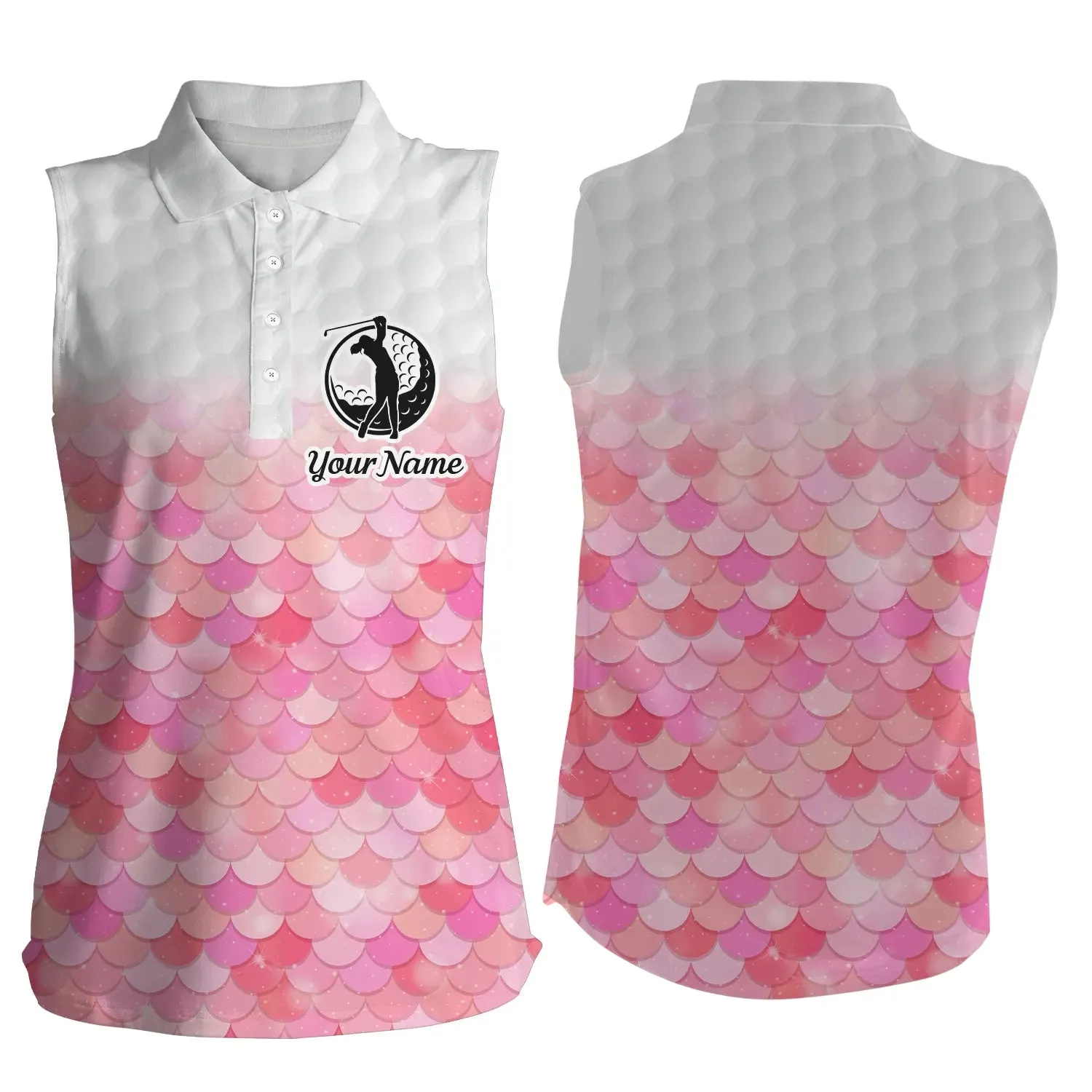 Womens Golf Polo Shirt Bling Pink Mermaid Scales Custom Name Pattern Golf Shirts, Ladies Golf Tops