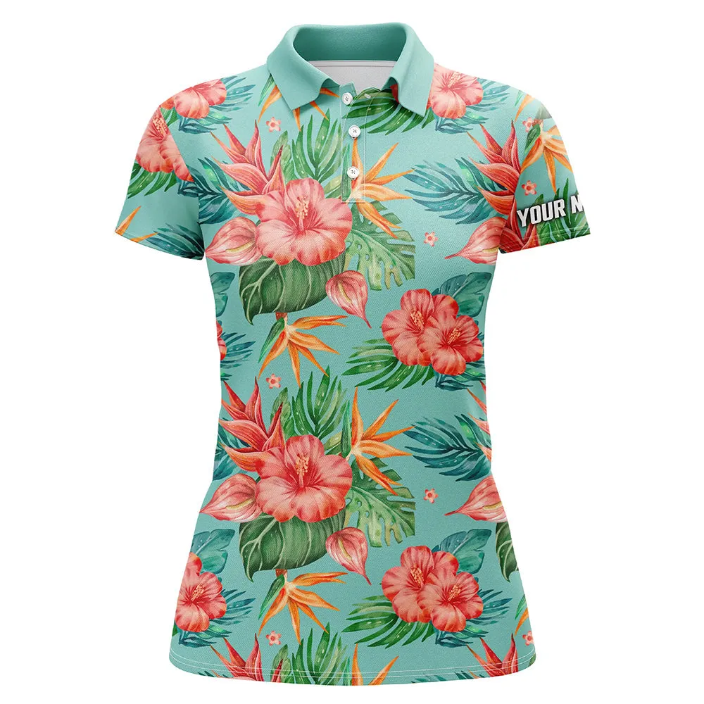 Womens Golf Polos Shirts Custom Name Colorful Hibiscus Flower Tropical Pattern Golf Tops For Women